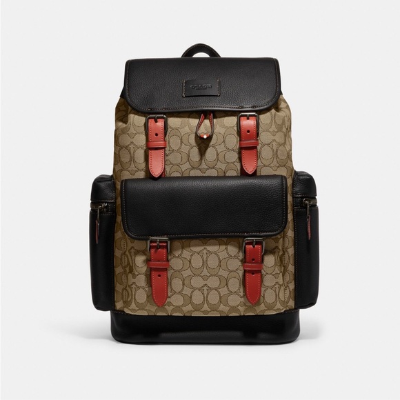 NWT COACH Sprint Signature Jacquard Backpack Black Leather Khaki - Picture 1 of 16